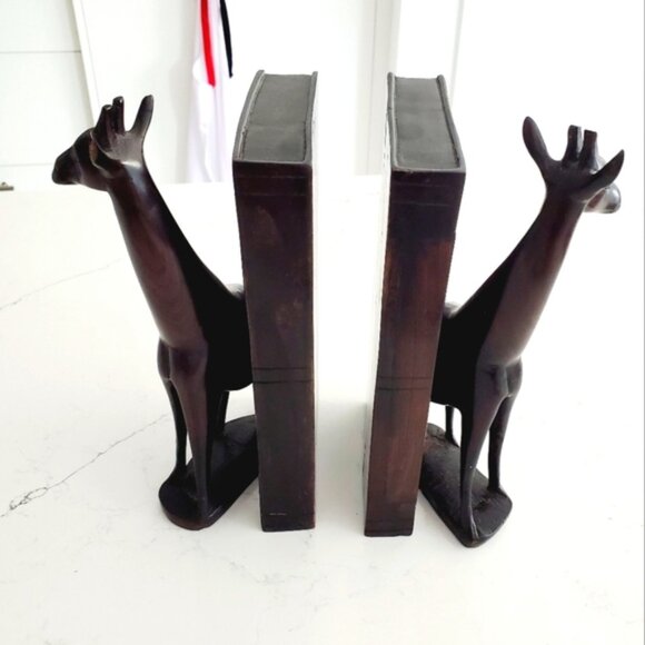 Ebony African Hand Carved Giraffe Bookends Vintage 1970 Rare Traditional Tribal - Picture 1 of 8